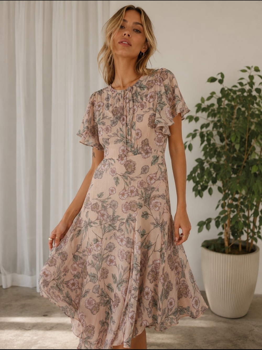 ASTR The Label Floral Midi Dress Small Blush Pink Flutter Sleeve Wedding Guest